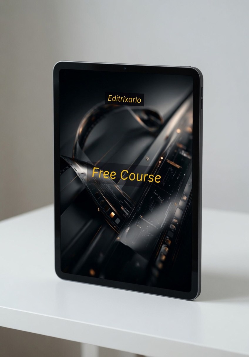 Tablet displaying 'Editrixario' and 'Free Course' on a white surface
