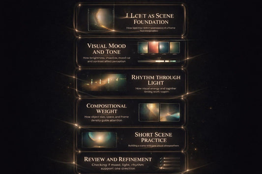 Educational diagram on lighting and scene composition with text and visual examples.