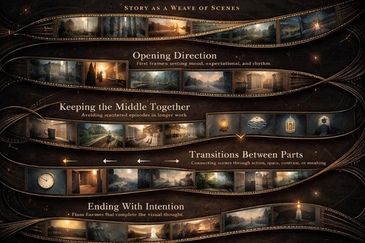 Diagram of story structure with scenes and text on a dark background