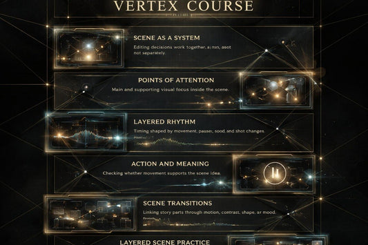 Diagram of a video production course structure with text and visual elements on a dark background.