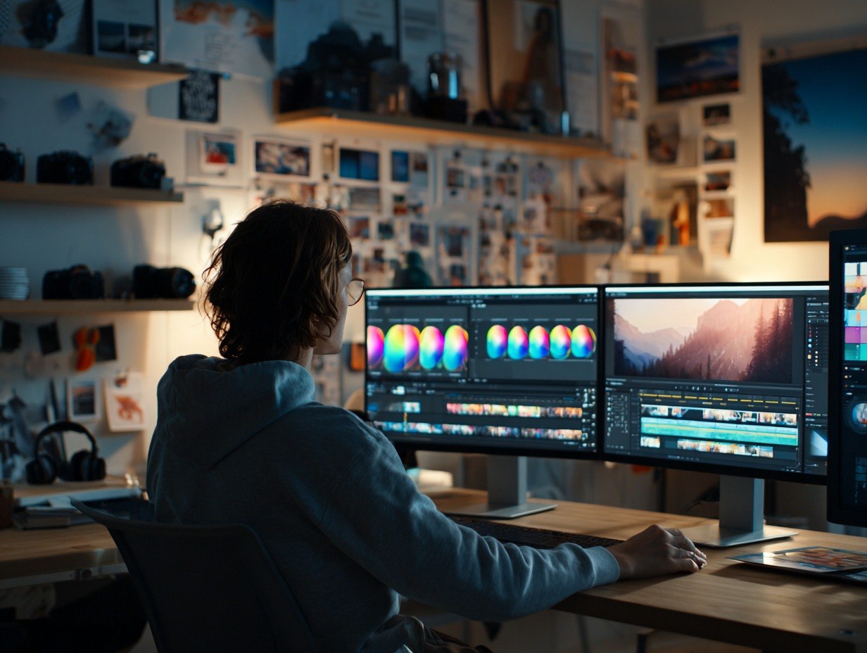 Person working at a desk with multiple computer monitors in a room filled with photos and artwork.