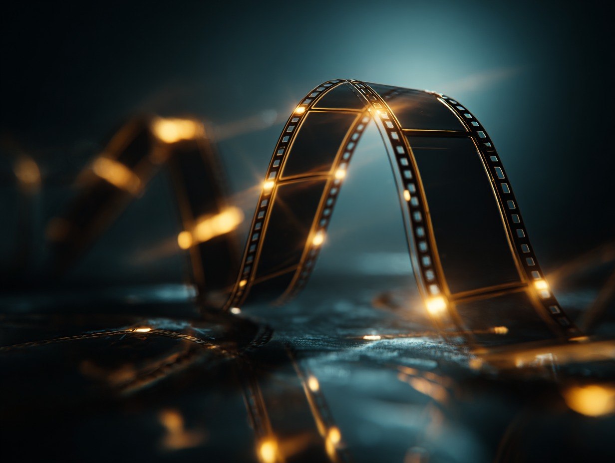Close-up of a film reel with light reflections on a dark background