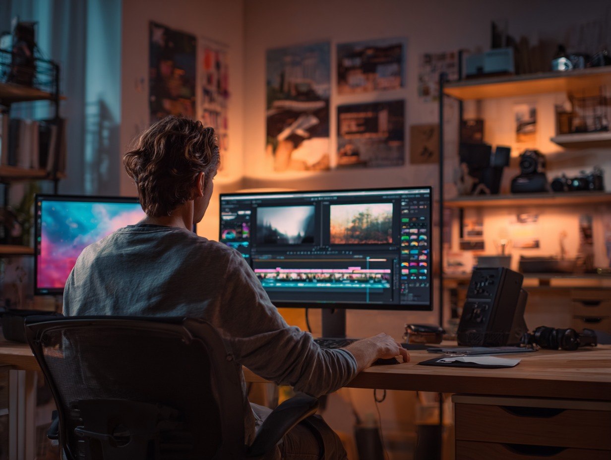 Person working on video editing software on a computer in a dimly lit room with shelves and artwork.