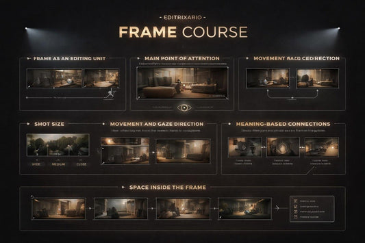 Diagram of film editing concepts with text and visual examples on a dark background