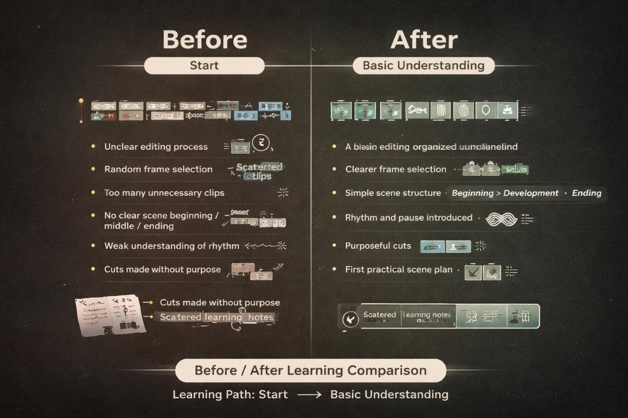 Before and After comparison chart for a learning path on a dark background