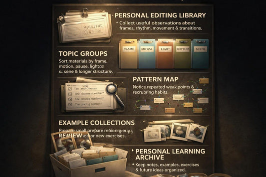 Interface of a personal editing library with various features on a dark background