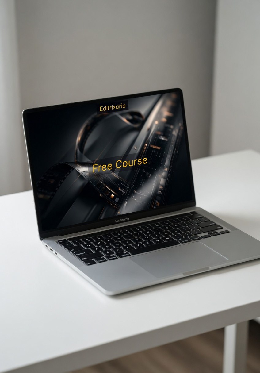 Laptop on a white table with a dark screen displaying 'Free Course' text.