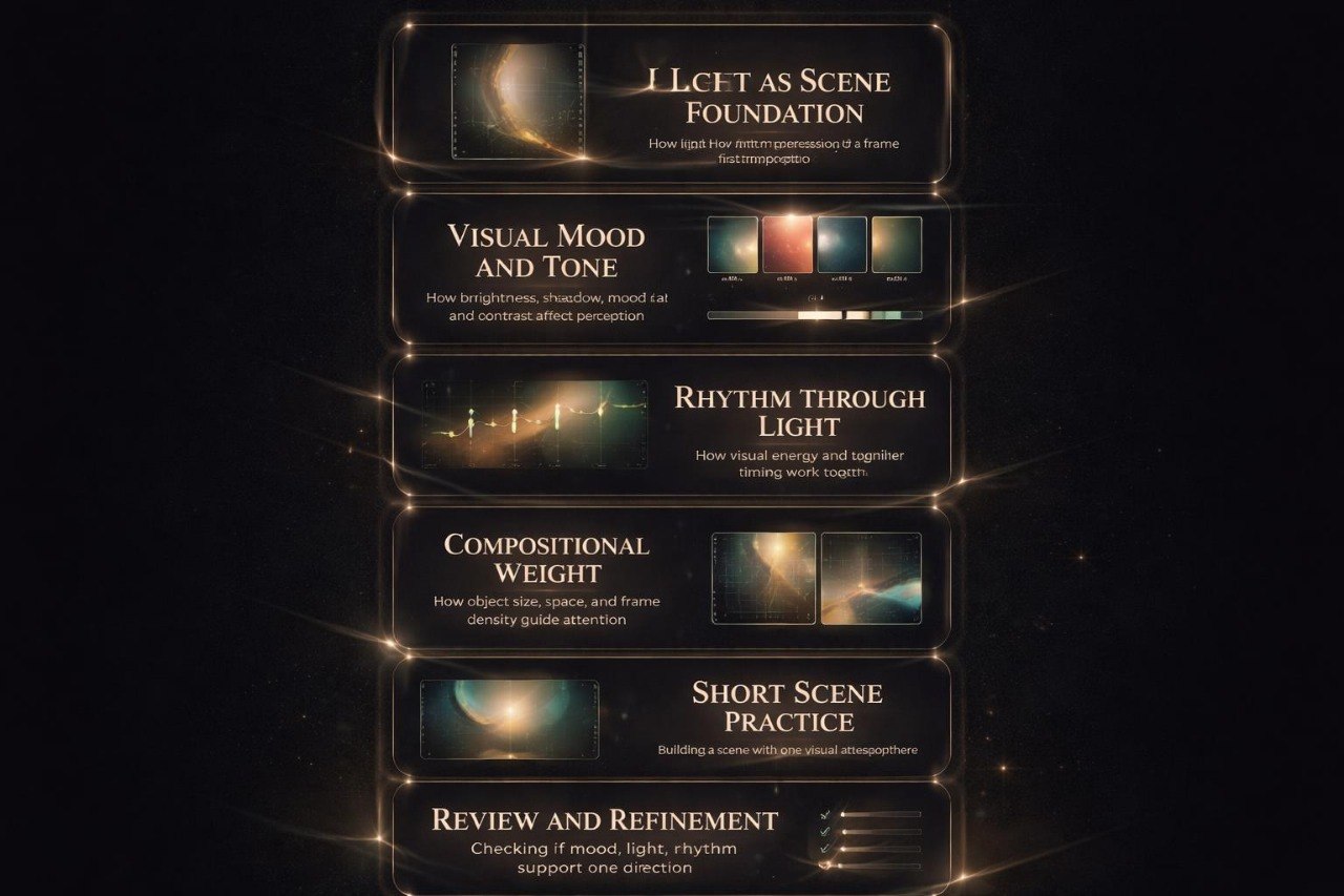 Educational diagram on lighting and scene composition with text and visual examples.