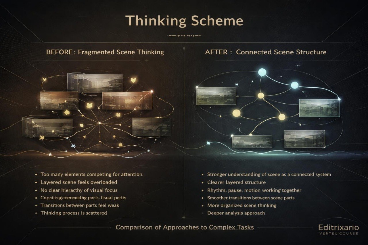 Comparison of fragmented scene thinking to connected scene structure with text and diagram on a dark background.