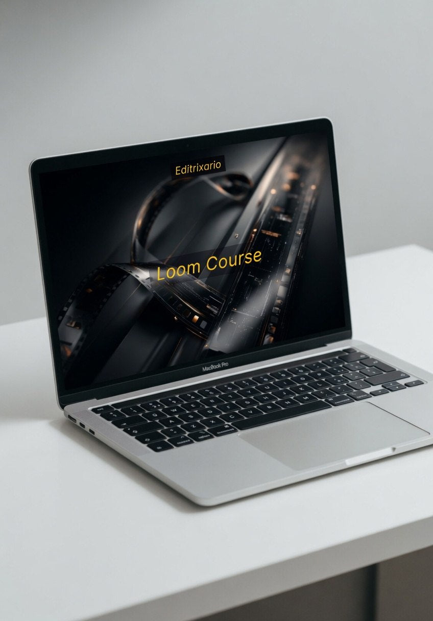 Laptop on a white surface with a dark screen displaying 'Loom Course' and 'Editrixano'.