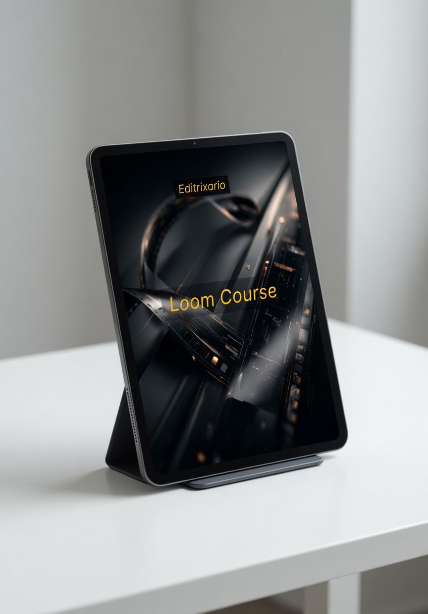 Tablet displaying 'Editrixaria Loom Course' on a white surface with a blurred background