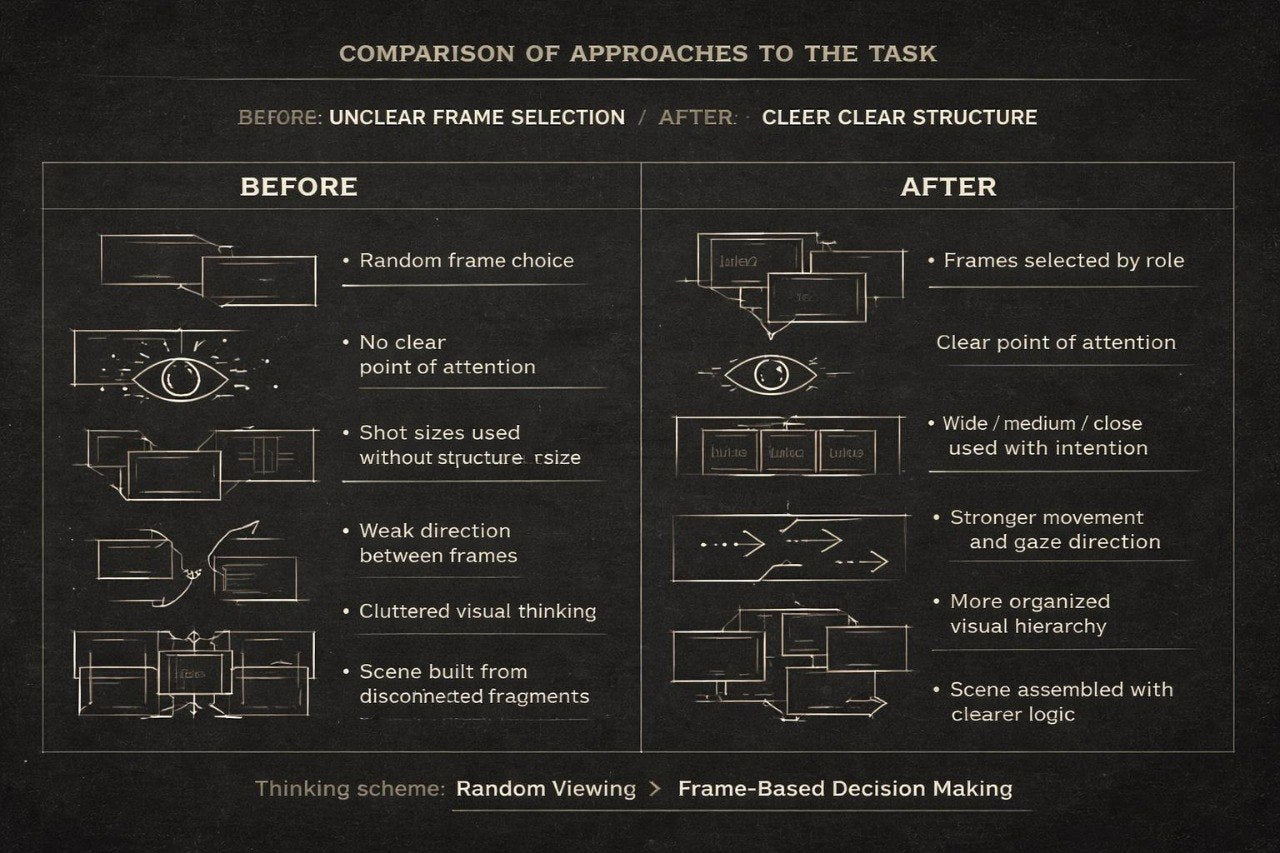 Comparison of approaches to task selection with before and after diagrams on a dark background.