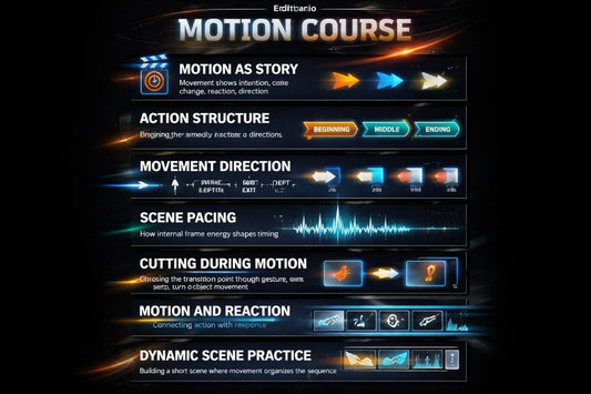 Motion course educational tool with various sections on a dark background