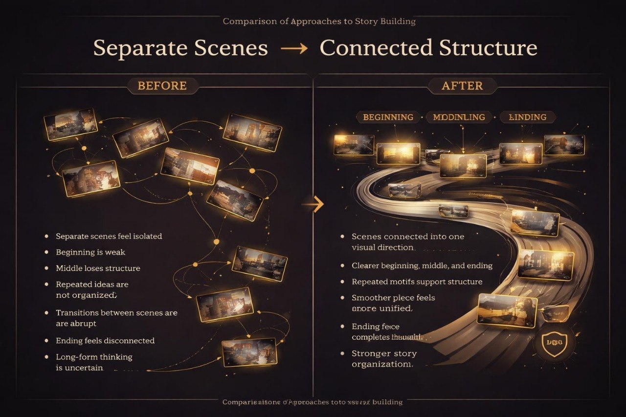 Comparison of story building approaches with 'Before' and 'After' diagrams.