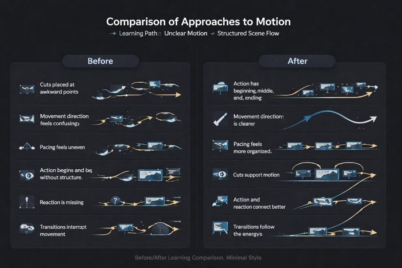 Comparison of approaches to motion in video editing with 'Before' and 'After' scenarios.