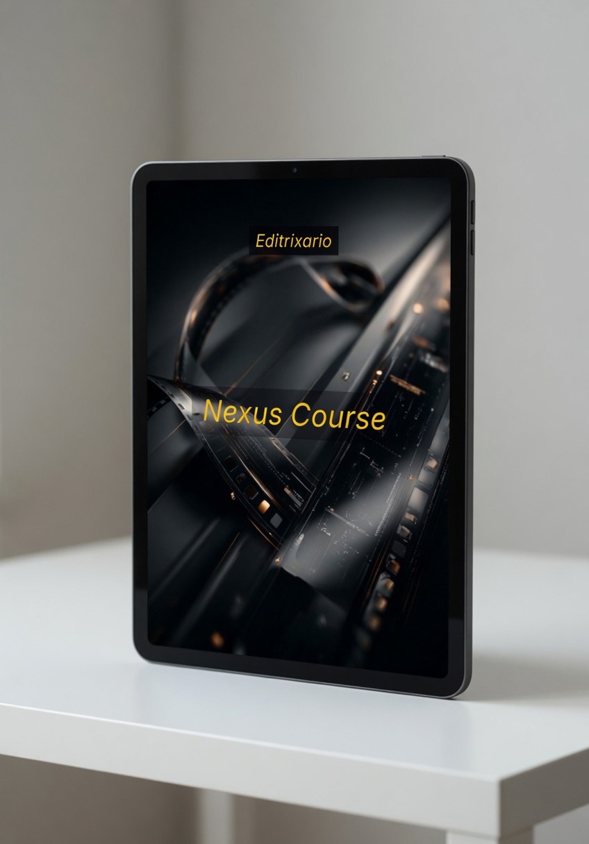 Tablet displaying 'Editrixario Nexus Course' on a white surface with a gray background