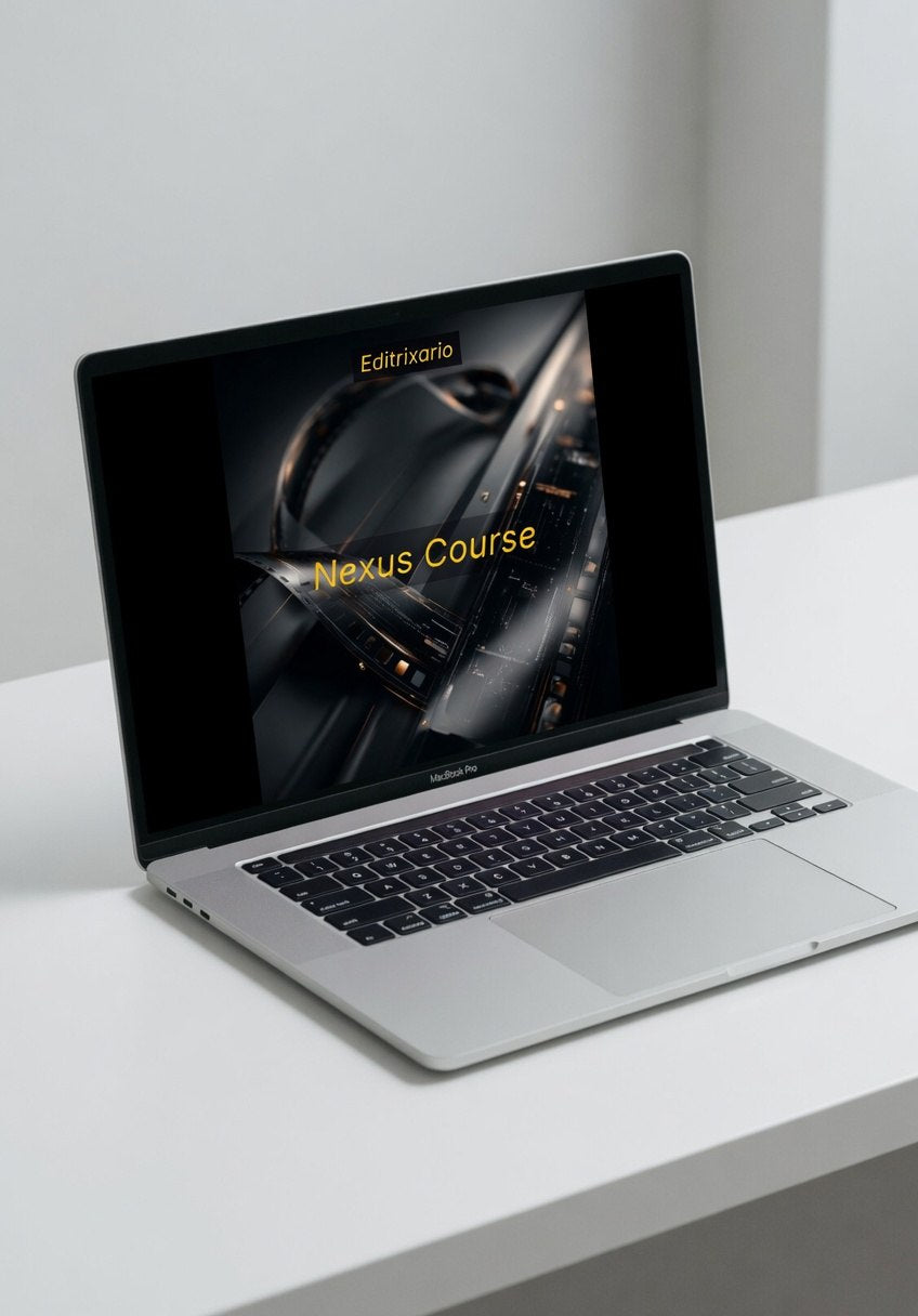 Laptop on a white surface with a dark screen displaying 'Editrixaria Nexus Course'.