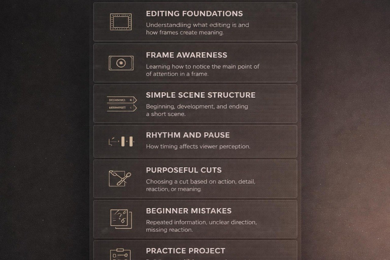 List of video editing topics on a dark background