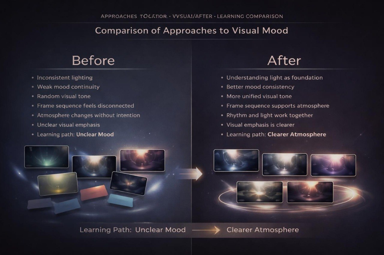 Comparison chart of approaches to visual mood before and after improvement, with images on a dark background.