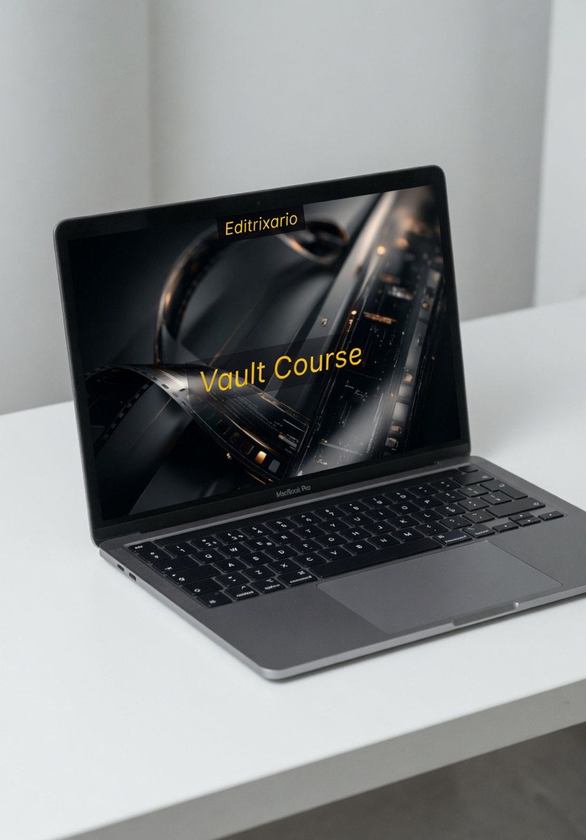 Laptop on a white surface with Editrixario Vault Course displayed on the screen