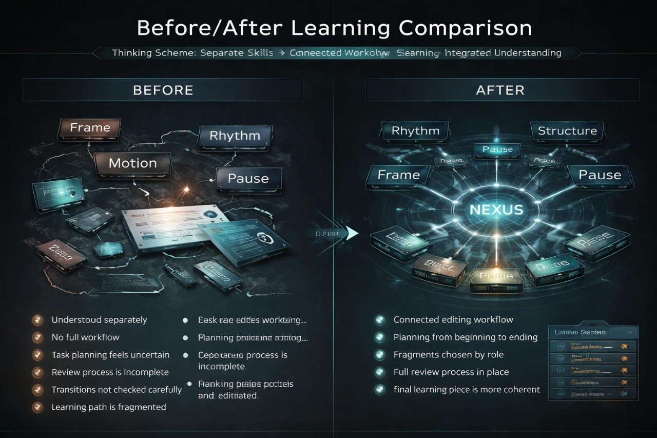 Before/After Learning Comparison diagram with 'Nexus' at the center on a dark background.