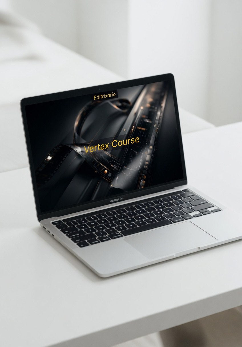 Laptop on a white surface with 'Vertex Course' displayed on the screen
